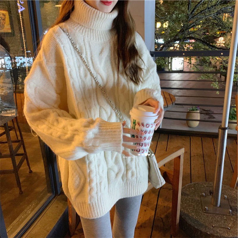 Women''s Wear Loose And Lazy Style Beige Thickened High Collar Chenille Twist Sweater