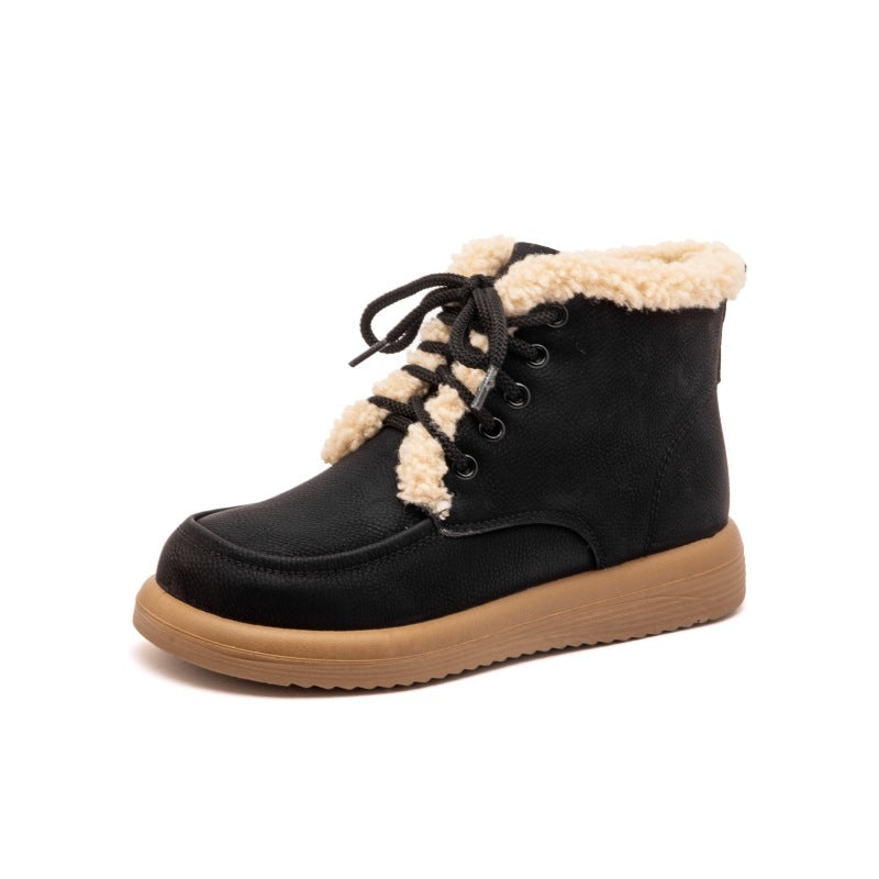 Lace-up Plush Snow Boots Winter Warm Fleece Flat Shoes For Women Fashion Casual Ankle Boot